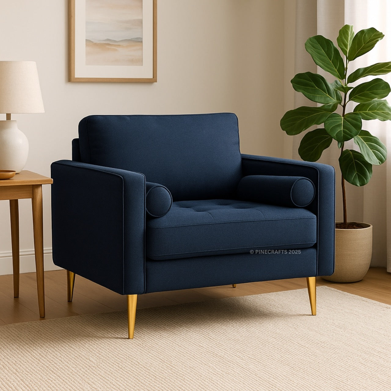 Blue armchair with gold legs in a living room setting
